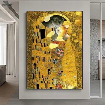 Поцелуй Густава Климта, творчество, холст, картина, любовник, Две кошки, Целующиеся, плакат, Абстрактные настенные рисунки, домашний декор комнаты