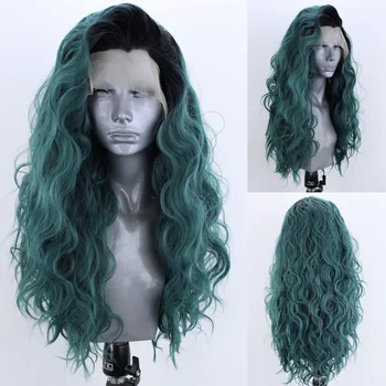 AIMEYA Омбре Зеленый Синтетический парик с кружевом спереди, парики с длинными натуральными волнами для женщин, боковая часть, высокотемпературный кружевной парик, парики для косплея