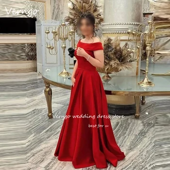 Verngo, красные атласные вечерние платья трапециевидной формы с открытыми плечами, большие размеры, Дубайские арабские женские платья для выпускного вечера, вечернее платье