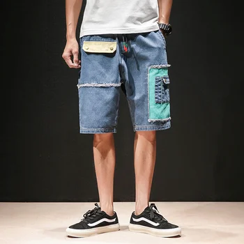 Деним 2023 Летние рваные повседневные шорты в стиле ретро, мужские джинсы с эластичной резинкой на талии в стиле пэчворк, короткие брюки длиной до колен, брюки в стиле хип-хоп
