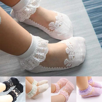 Летние носки для новорожденных с кружевной цветочной сеткой, хлопковые Носки для малышей и маленьких девочек, прозрачные нескользящие носки принцессы с рюшами