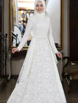 Свадебные платья для женщин, мусульманские платья с высоким воротом и длинными рукавами, шлейф длиной до пола, Трапециевидные аппликации, кружевное вечернее платье невесты 2023