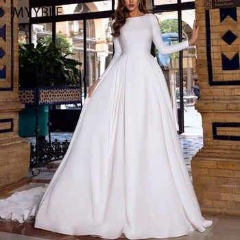MYYBLE Винтажное свадебное платье трапециевидной формы 2021, светоотражающее платье с разрезом на пуговицах, длинный рукав, шлейф, Пушистое простое свадебное платье