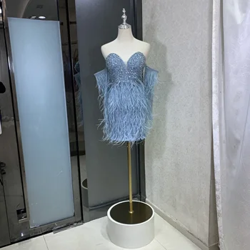 Элегантное светло-голубое вечернее платье миди с перьями, расшитое бисером, женские черные вечерние платья для свадебной вечеринки
