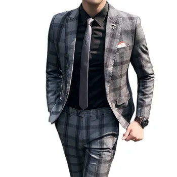 Новинка 2023 года (костюм + брюки), Облегающий повседневный джентльменский удобный деловой костюм в британском стиле, Корейская версия клетчатого костюма