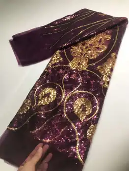 Роскошная африканская кружевная ткань 2023 года, новейшая пурпурно-золотистая индийская ткань сари, высококачественный тюль, кружевная ткань с 3D блестками, свадебное платье