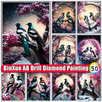 BinXue 5D DIY Snow Bird AB Diamond Painting Kit Любители Животных Сорока Вышивка Крестом Красочное Дерево Мозаика Ручной Работы Домашний Декор Подарок