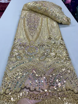 Африканская кружевная ткань из тяжелого бисера с блестками Тюлевая сетка Вечерние платья для женщин Вышивка Французские модные ткани для шитья 5 ярдов