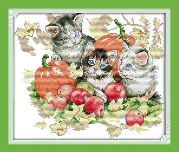 Four seasons cats (3)-Осенний набор для вышивания крестиком 14-каратный 11-каратный предварительно прошитый холст для вышивания крестиком DIY рукоделие ручной работы