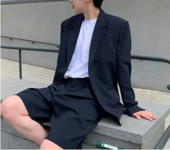Япония Корея Уличная одежда Костюмы Летний Свободный стиль Мужские комплекты из 2 предметов (куртка + шорты) Модные повседневные блейзеры Куртка мужская