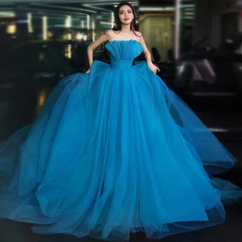 Женская одежда трапециевидной формы без бретелек с оборками, льдисто-голубые вечерние платья со шлейфом, Элегантное свадебное платье для невесты, сшитое на заказ