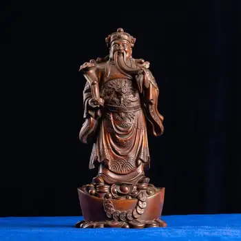Статуэтка китайского Бога богатства ручной работы - богатое коричневое дерево, символ процветания для стола и домашнего декора