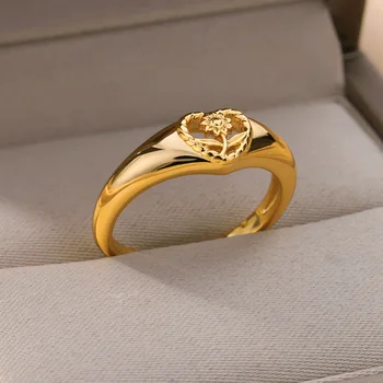 Женские кольца с полым сердечком и подсолнухом, винтажное позолоченное кольцо из нержавеющей стали, Обручальные кольца для пары, Эстетические украшения Bague