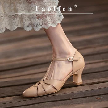 Женские летние босоножки Taoffen из натуральной кожи на среднем каблуке с римской пряжкой и ремешком, Мягкие туфли-лодочки в стиле ретро, женские туфли-гладиаторы, модельные босоножки
