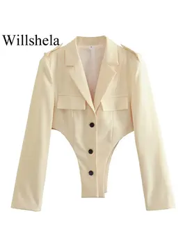 Willshela Женская мода с карманами, Однобортные боди, блейзер, Винтажная женская одежда с вырезанным вырезом и длинными рукавами