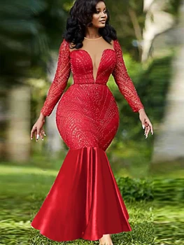 Длинное женское платье с блестками и круглым вырезом, блестящая сетка, лоскутное облегающее платье-русалка, вечерний коктейль на день рождения, 4XL, женское платье в африканском стиле