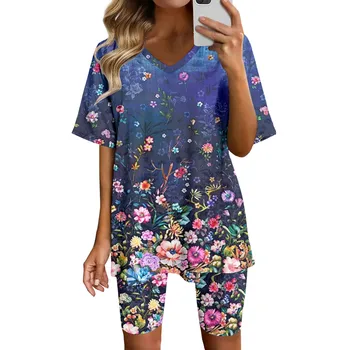 Летняя женская одежда из двух предметов, футболки с цветочным принтом, топы, байкерские шорты, женские спортивные костюмы для подростков, одежда для отдыха