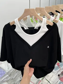 Черная футболка Женская в стиле пэчворк с коротким рукавом 2023, Облегающий укороченный топ, Трендовая Корейская винтажная облегающая Розовая футболка в стиле Харадзюку, лето 2023 г.