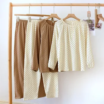 2023 новая весенне-летняя женская пижама из двух частей из 100% хлопкового крепа с круглым вырезом, простая домашняя одежда для сна в горошек с длинными рукавами