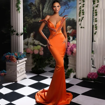 Тонкие оранжевые платья для выпускного вечера с русалочкой, вечернее платье без рукавов, расшитое бисером, вечернее платье длиной до пола для коктейльной вечеринки, платья для выпускного вечера Нестандартного размера