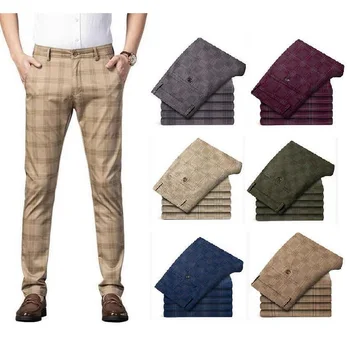 Облегающие прямые брюки в клетку, мужские повседневные брюки, эластичные брюки, модные узкие роскошные брюки, разноцветные Размеры 30-38