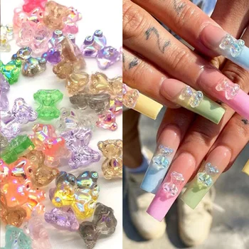 20шт Aurora Crystal Bear Nail Art Charm 3D 8 мм Блестящий Кристалл Смолы Gummy Bear Украшение для ногтей Kawaii Аксессуары для ногтей DIY