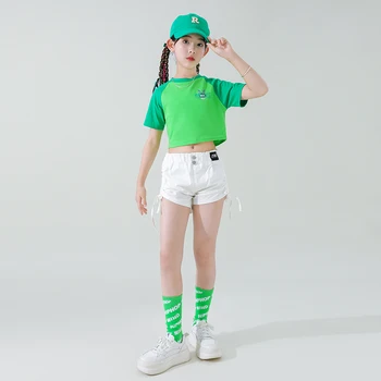 Одежда в стиле хип-хоп для девочек, футболка с коротким рукавом, укороченный топ, Белые повседневные шорты, детские костюмы для уличных танцев, одежда для джазовых выступлений
