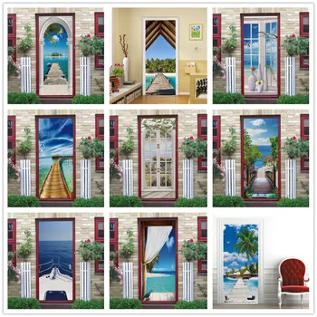 3D Морской Пейзаж Дверные Обои Клейкая Виниловая Наклейка Sea Island Porte Для Кухни Спальни Дизайн Дома Украшение Стен Плакат Настенная Роспись