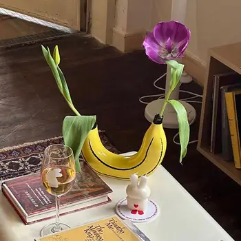 Ваза в форме банана из смолы, цветочный горшок, украшение стола, ваза для бананов, декоративная ваза с двойным отверстием, имитация настольного цветочного домашнего декора