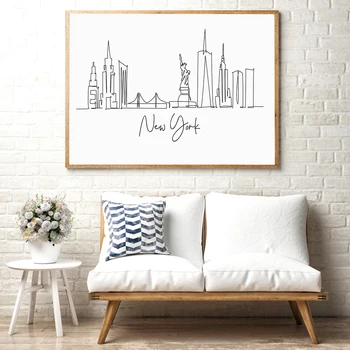 Городской Нью-Йорк Плакат с линейным рисунком Скандинавский черно-белый принт Абстрактная живопись на холсте Настенный минималистичный Художественный декор комнаты для дома